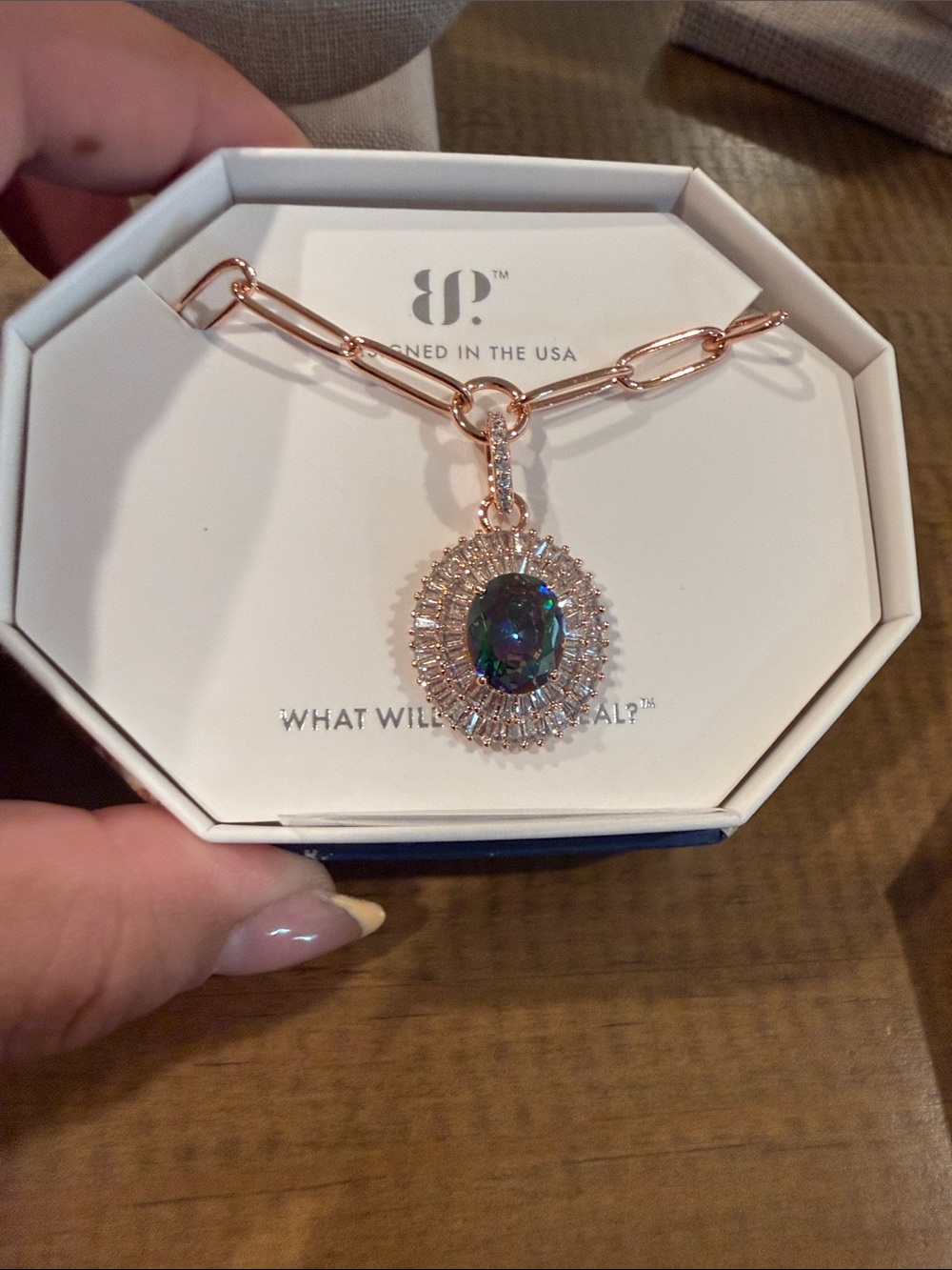 Rose Gold Halo Pendant Necklace with Alexandrite Oval Gem BP